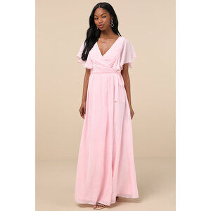 Lulus Convincing Grace Light Blush Flutter Sleeve Wrap Maxi Dress Pink - Size L